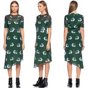 Maje Rowers Asymmetrical Lace Floral Midi Dress, Size 2, US 6/8 M, Green/Bla/Blu